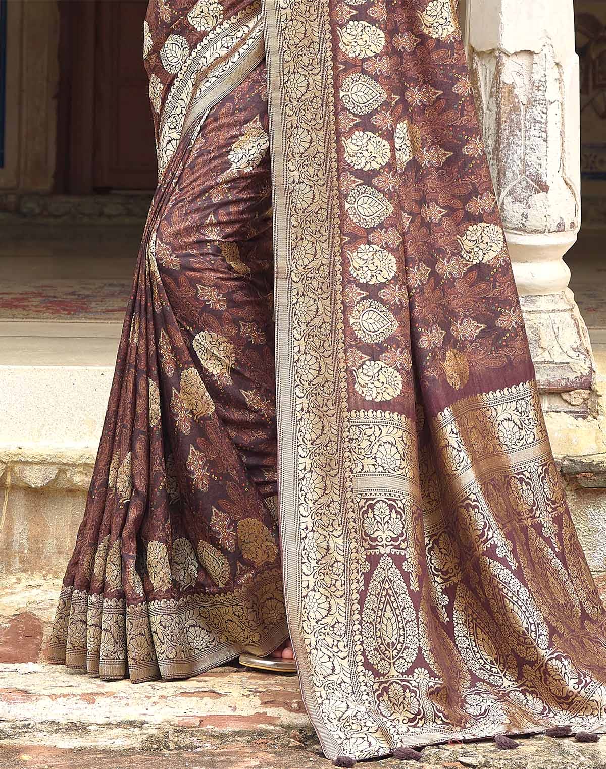 Collection of Coffee Brown Elegant Dola Silk Floral Print Saree in a gallery layout