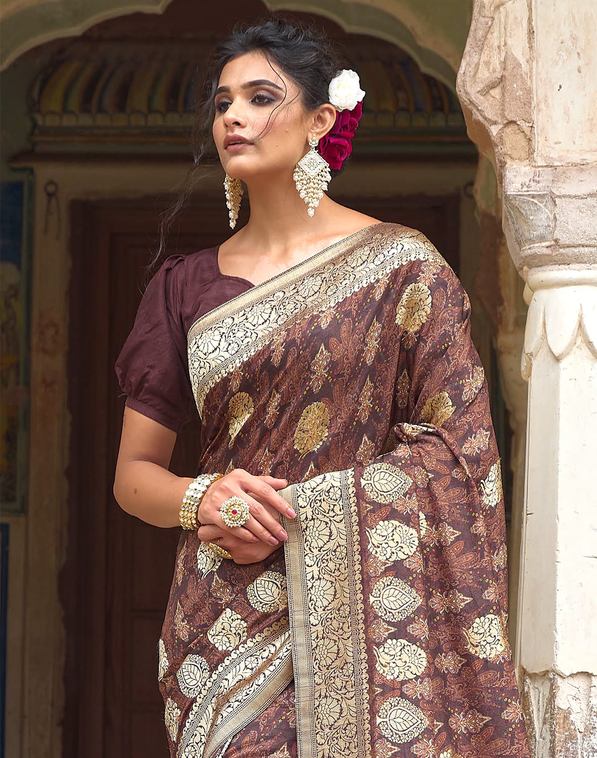 Collection of Coffee Brown Elegant Dola Silk Floral Print Saree in a gallery layout