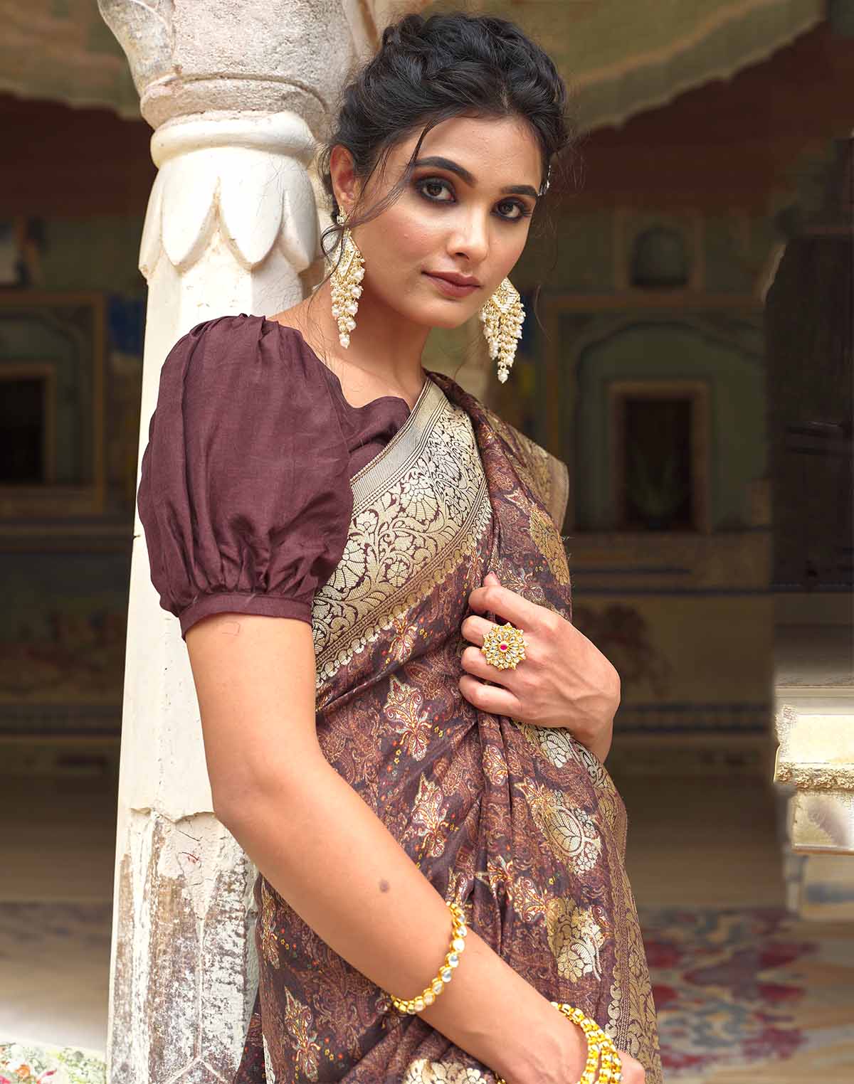 Collection of Coffee Brown Elegant Dola Silk Floral Print Saree in a gallery layout