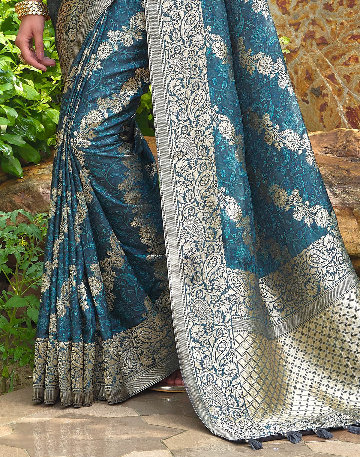 Collection of Peacock Blue Floral Dola Silk Designer Saree in a gallery layout