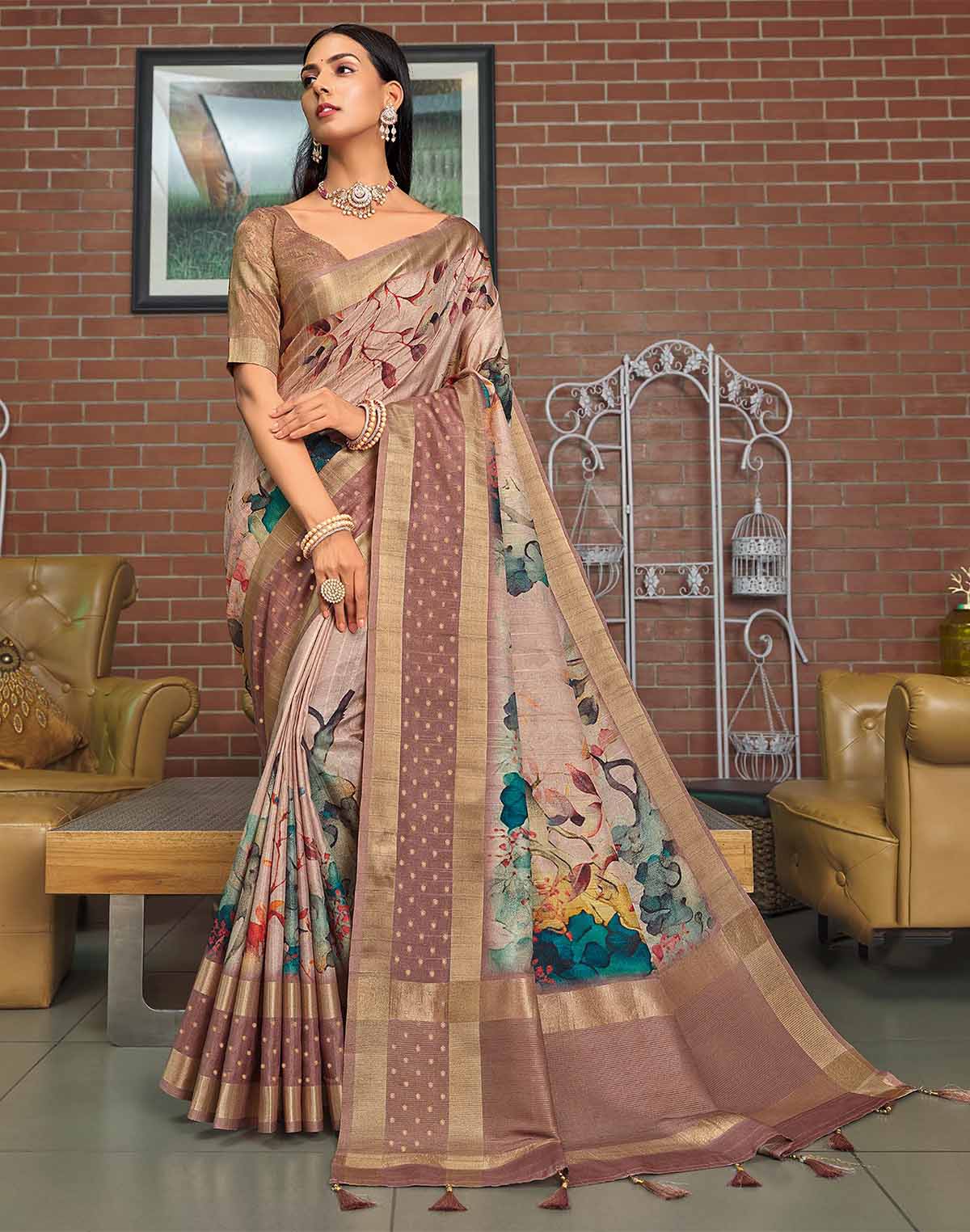 Collection of Beautiful Digital Print Jute Silk Saree in a gallery layout