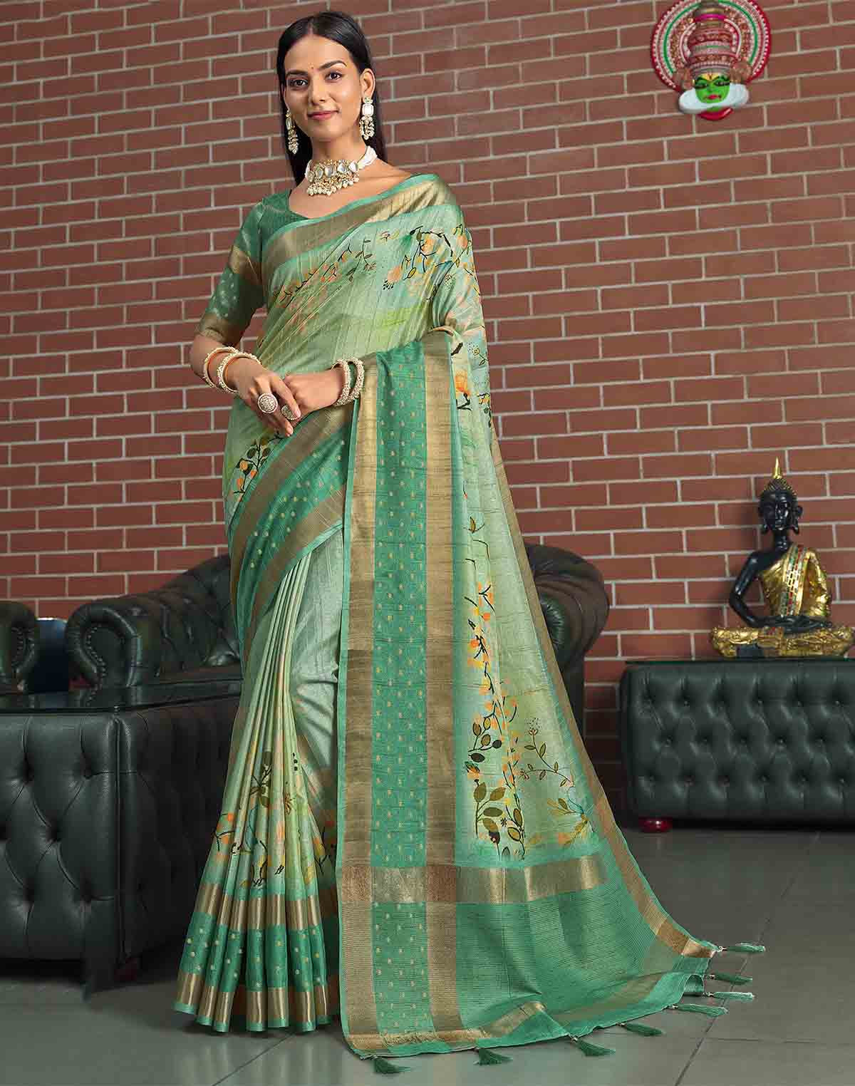 Collection of Jute Silk Saree with Digital Print and Green Colour in a gallery layout