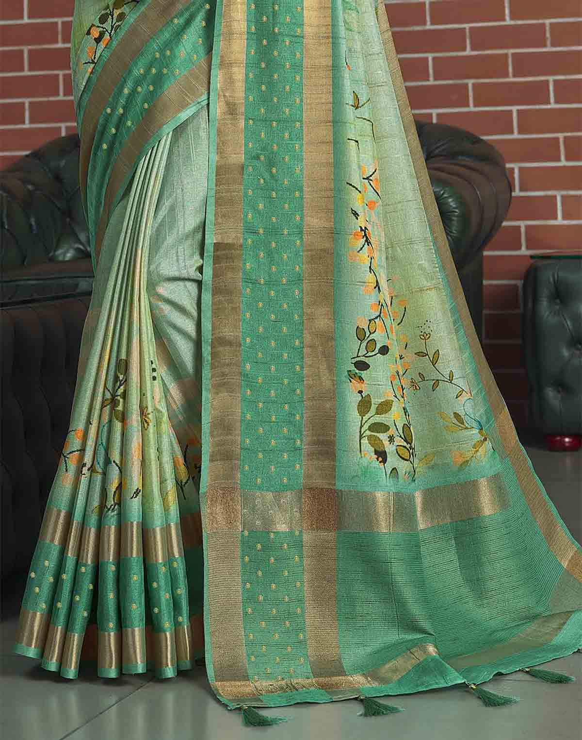 Collection of Jute Silk Saree with Digital Print and Green Colour in a gallery layout