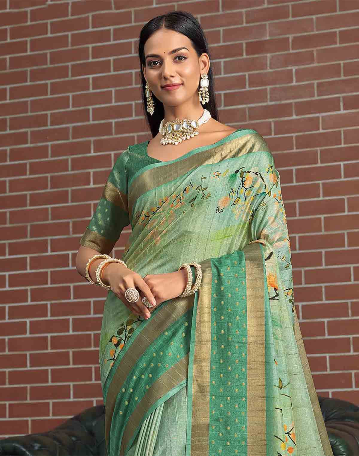 Jute Silk Saree with Digital Print and Green Colour