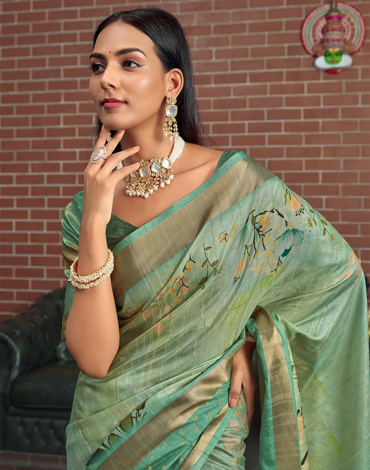 Collection of Jute Silk Saree with Digital Print and Green Colour in a gallery layout