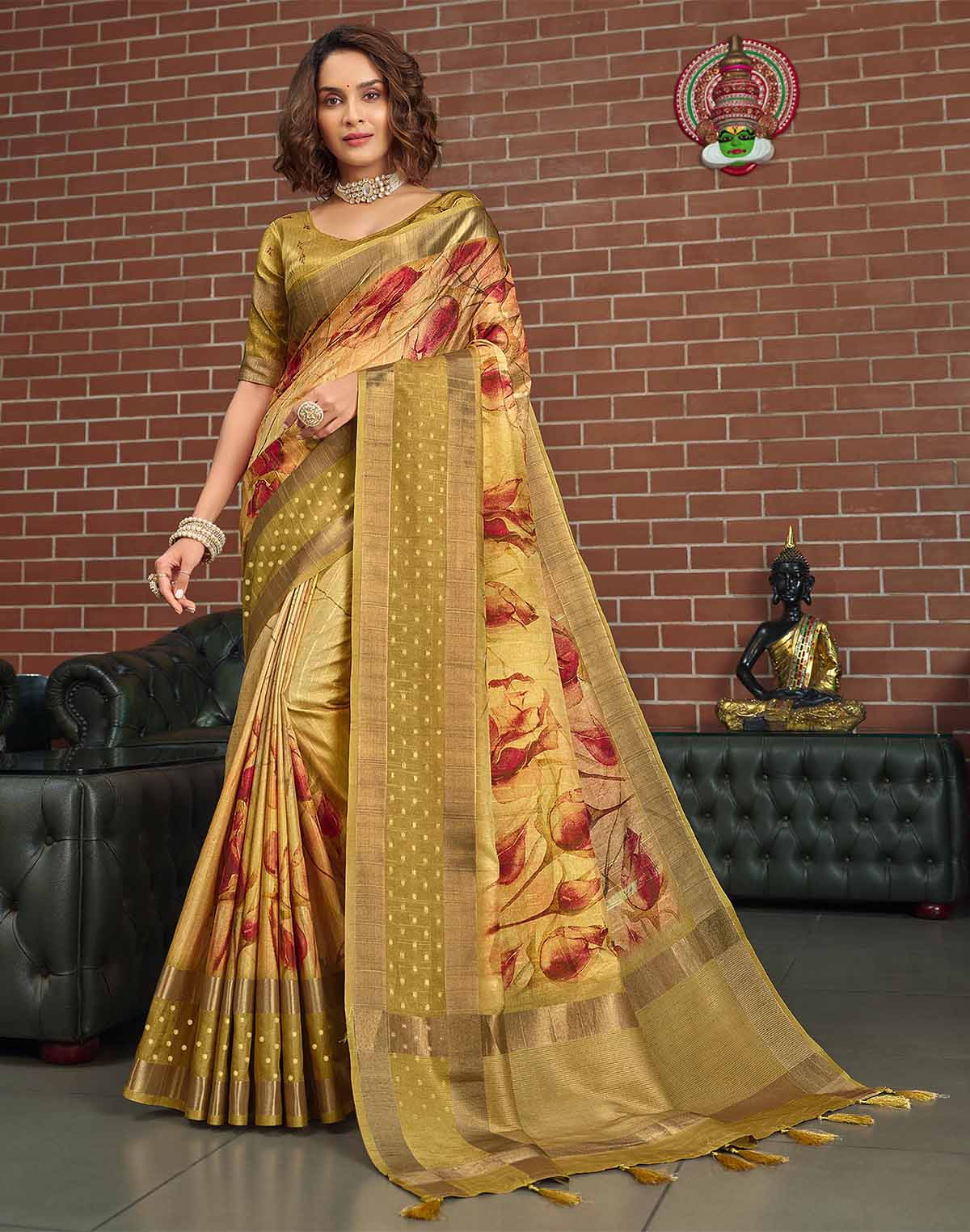 Gold Digital Print Art Jute Silk Saree