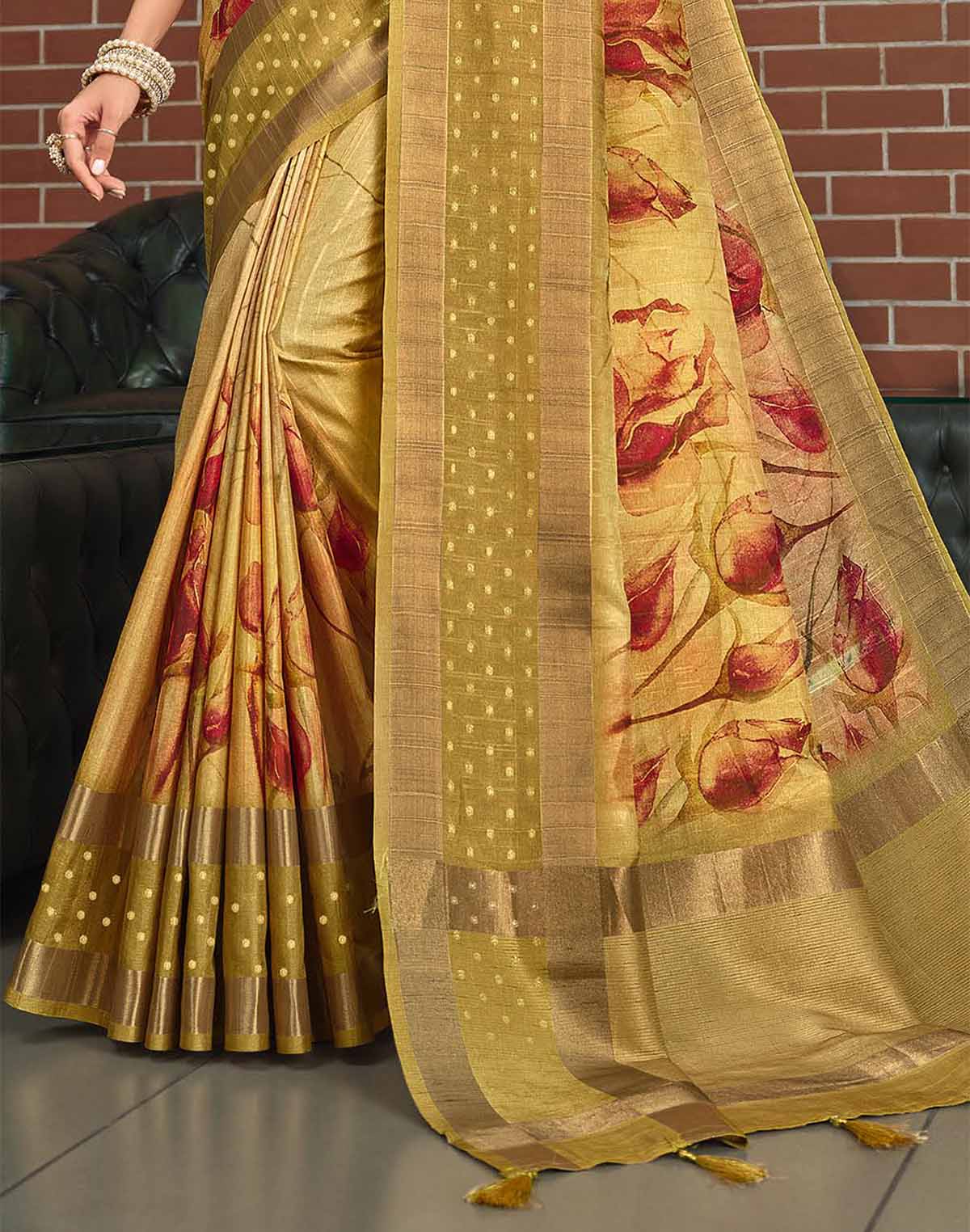 Collection of Gold Digital Print Art Jute Silk Saree in a gallery layout