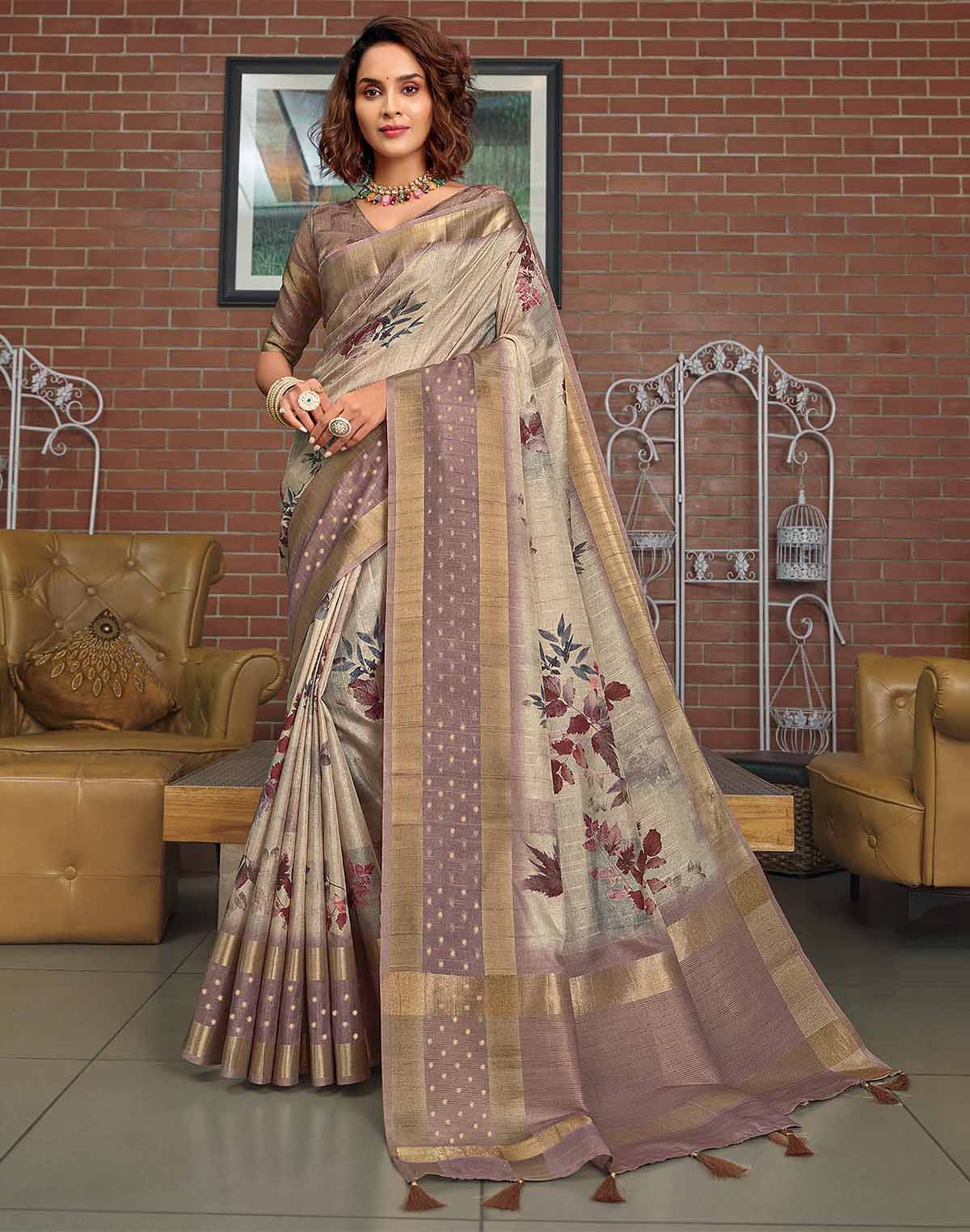 Light Grey Digital Print Jute Silk Saree