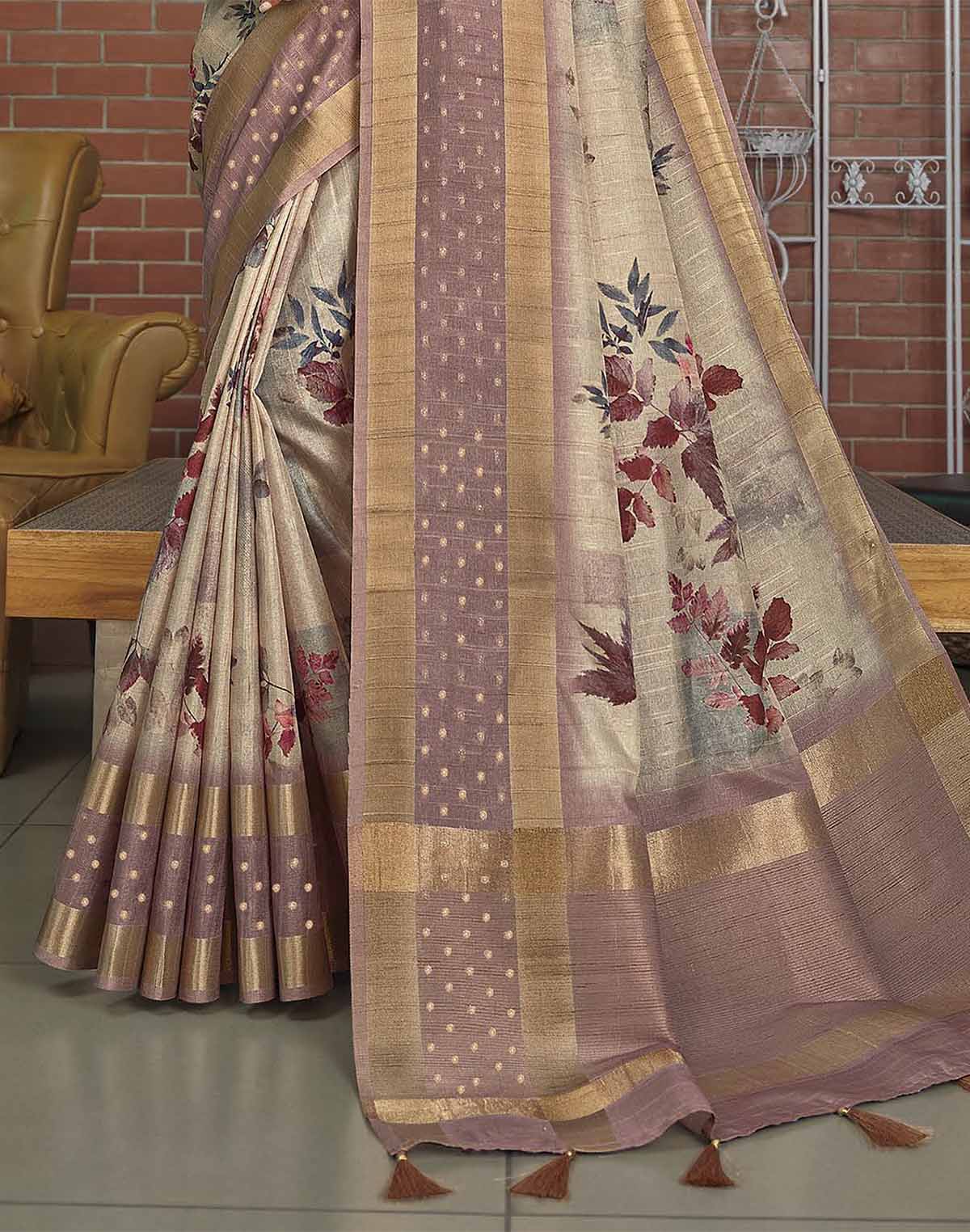 Light Grey Digital Print Jute Silk Saree