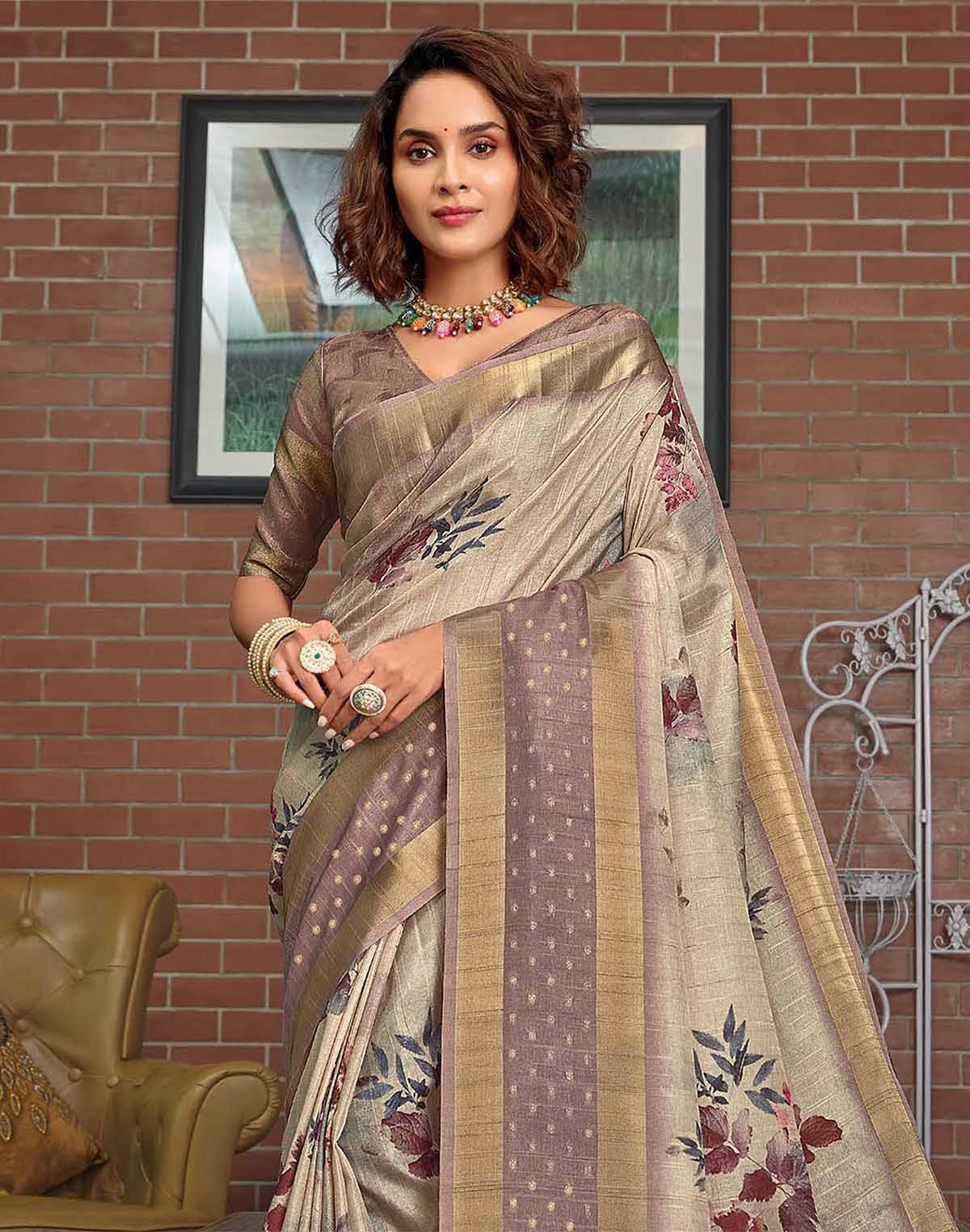 Light Grey Digital Print Jute Silk Saree