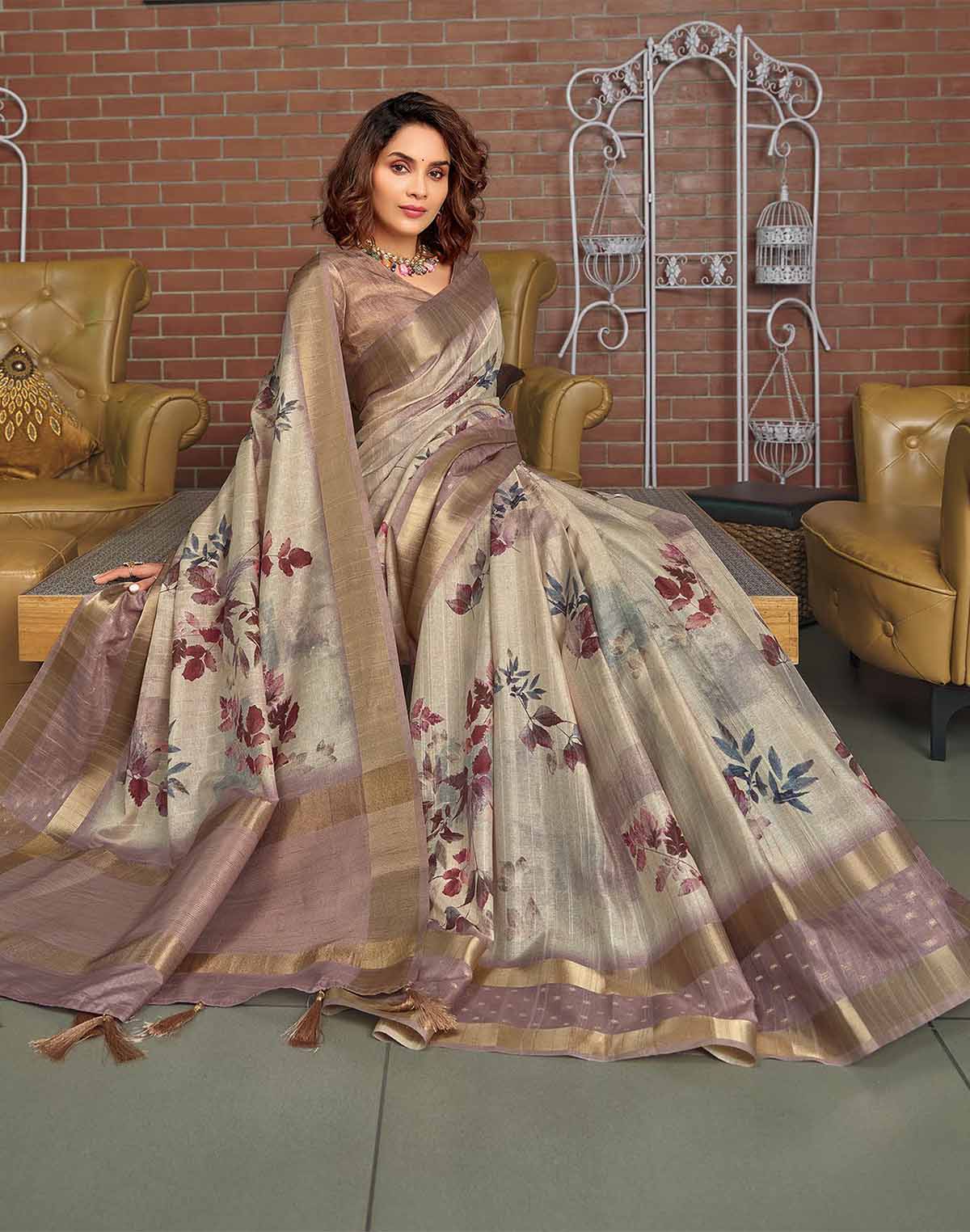 Light Grey Digital Print Jute Silk Saree