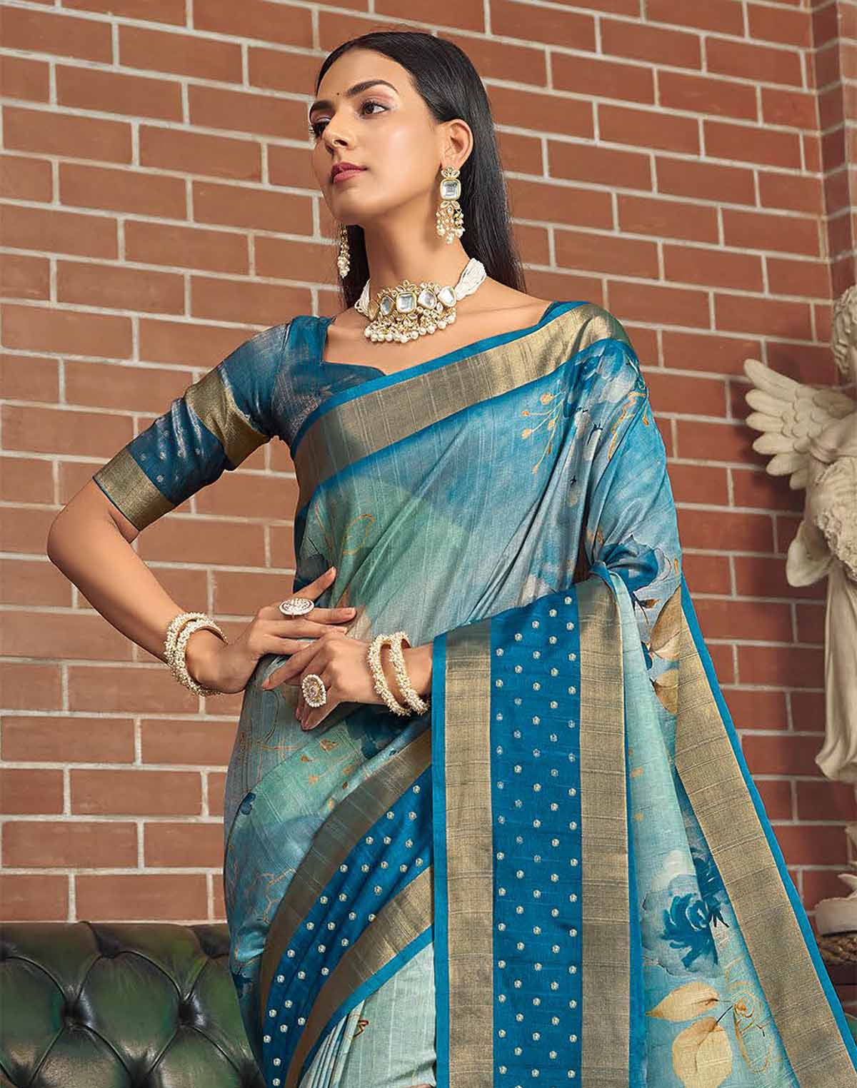 Collection of Stylish Blue Colour Jute Silk Fancy Saree in a gallery layout