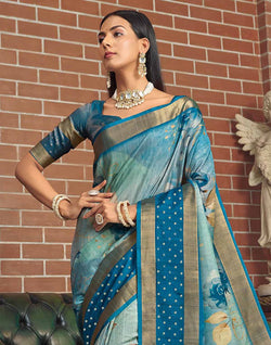 Collection of Stylish Blue Colour Jute Silk Fancy Saree in a gallery layout