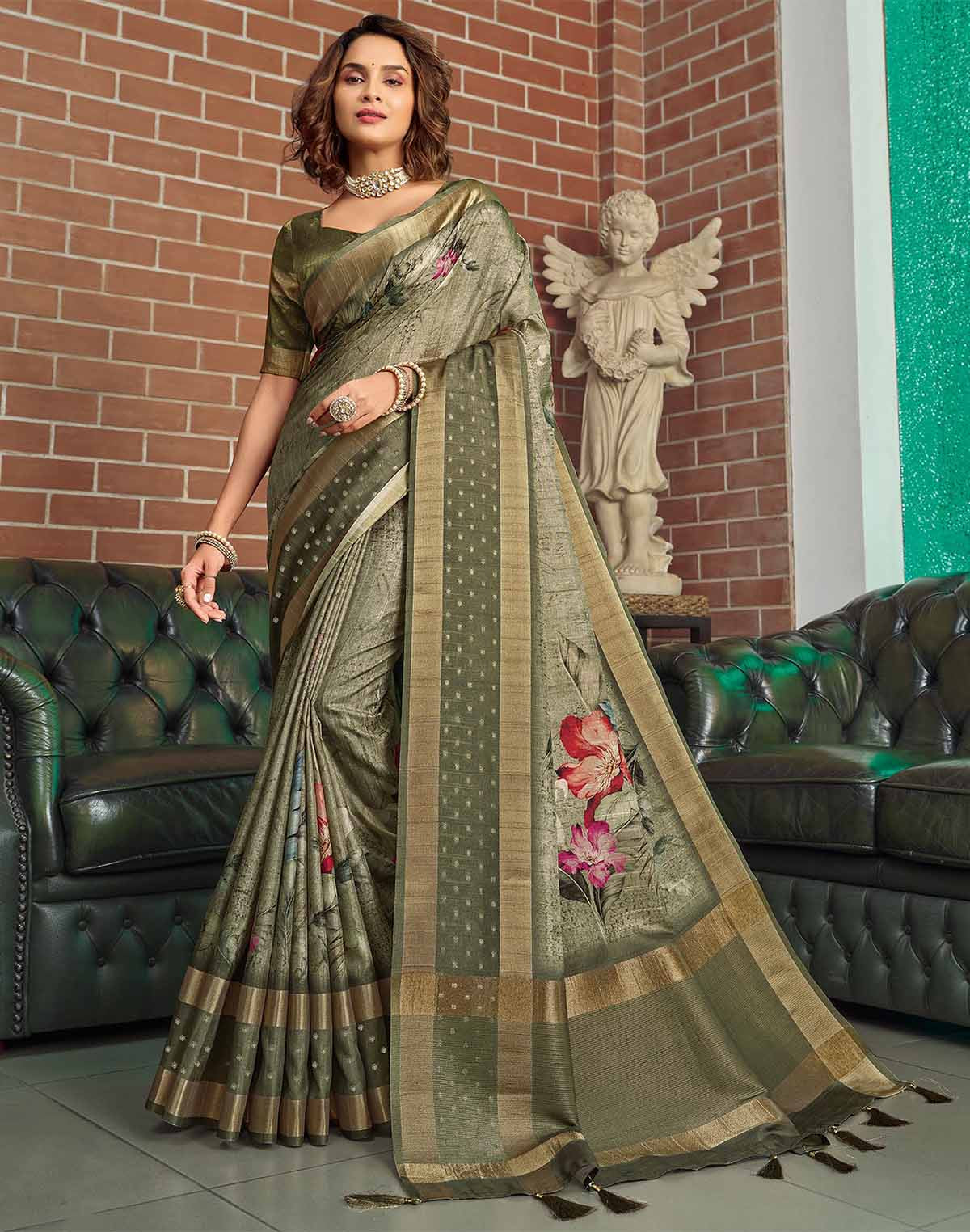 Collection of Olive Green Jute Silk with Digital Print Saree in a gallery layout