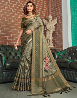 Collection of Olive Green Jute Silk with Digital Print Saree in a gallery layout