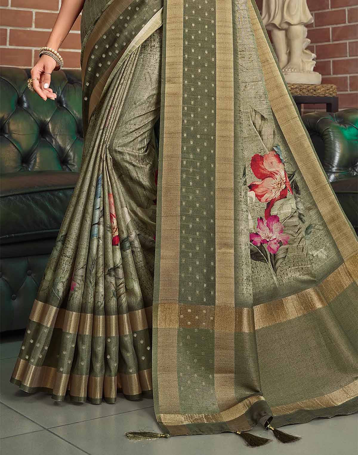 Olive Green Jute Silk with Digital Print Saree