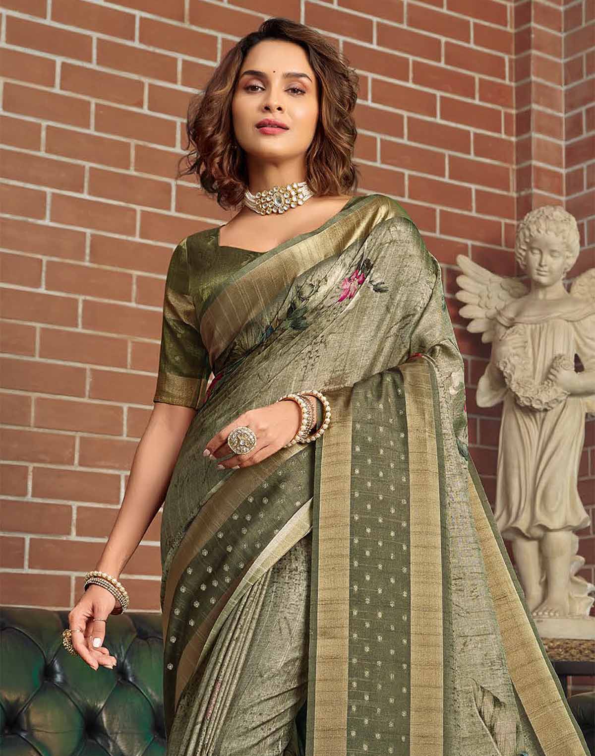 Olive Green Jute Silk with Digital Print Saree