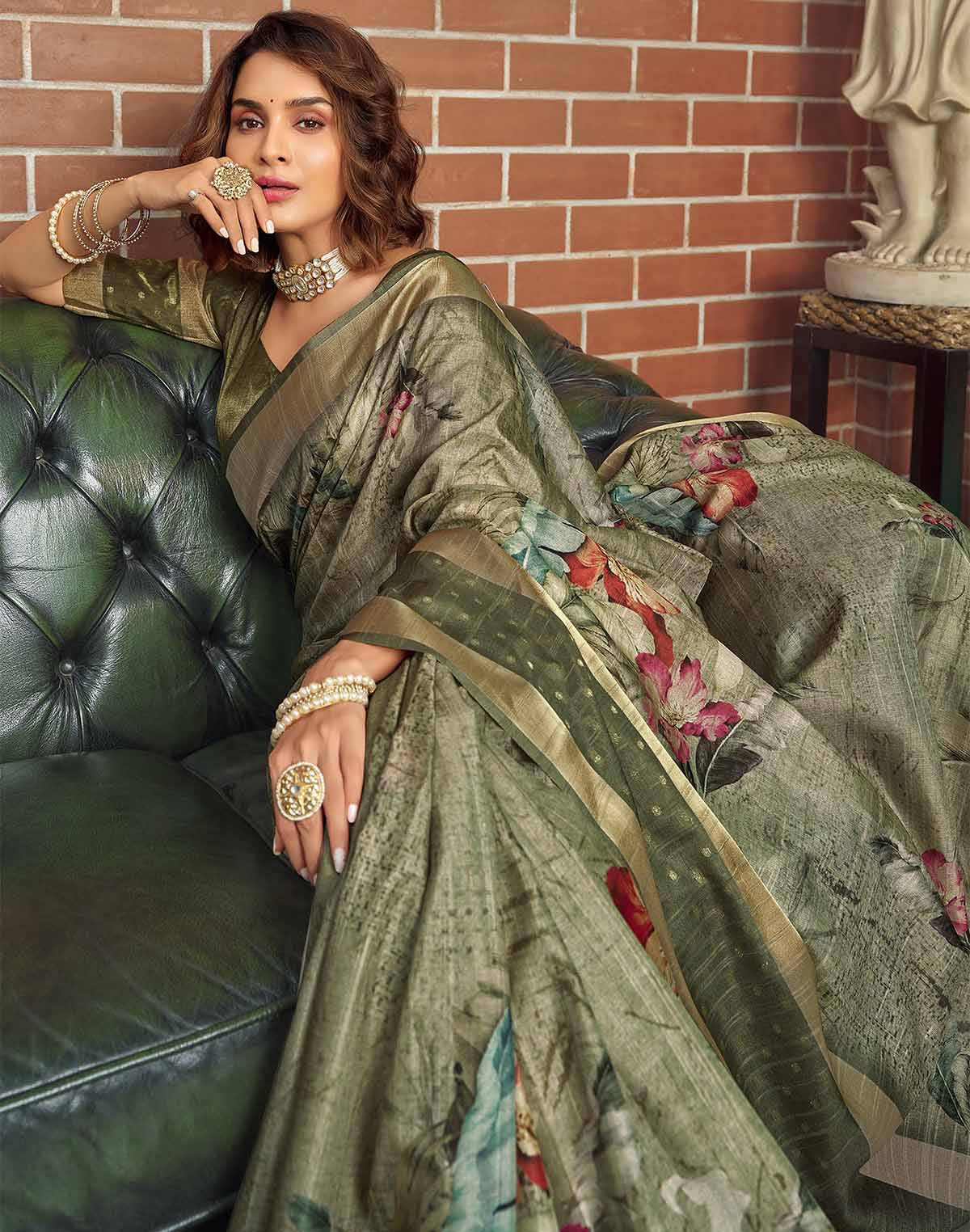 Collection of Olive Green Jute Silk with Digital Print Saree in a gallery layout