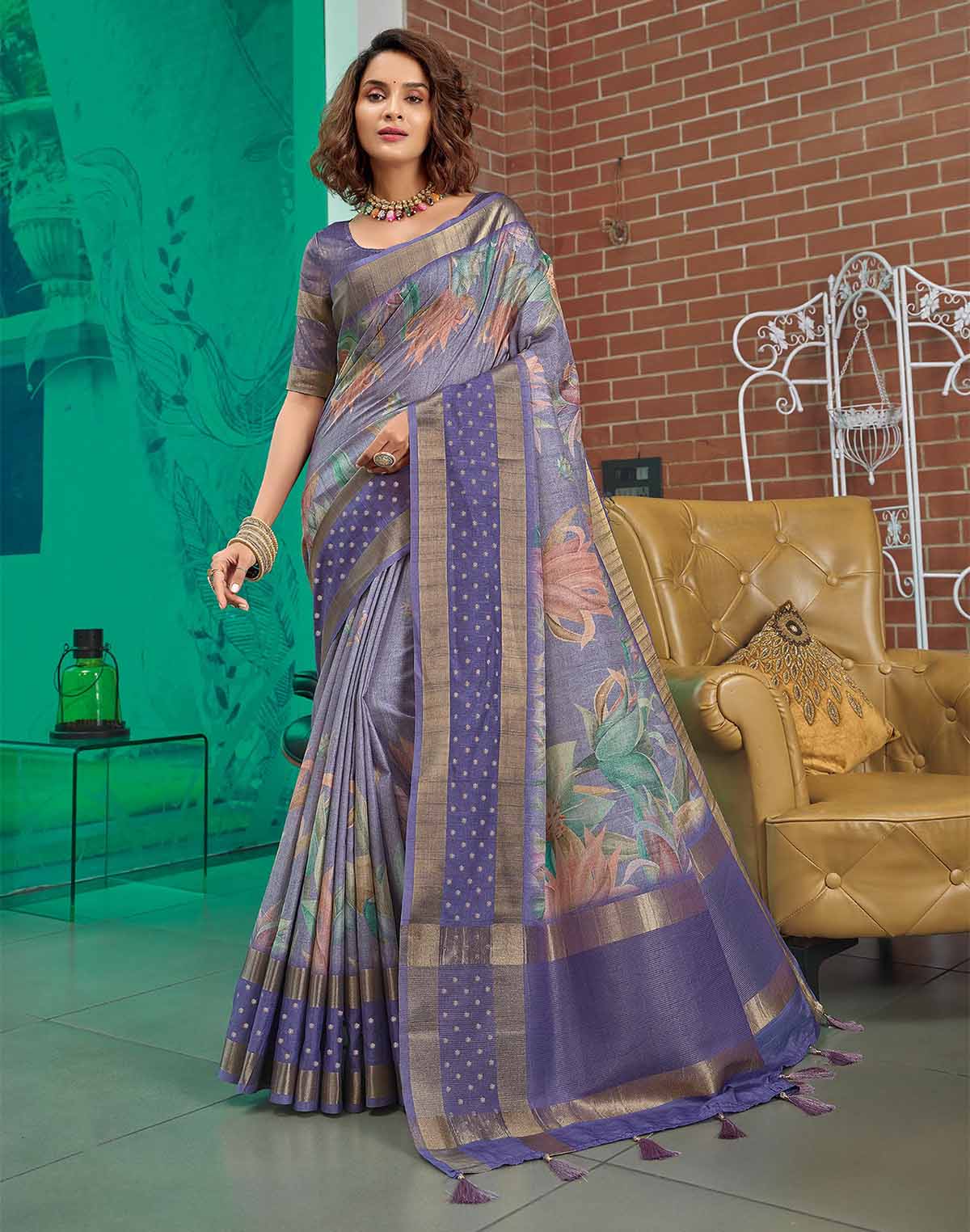 Collection of Jute Silk Saree with Digital Print and Violet Colour in a gallery layout