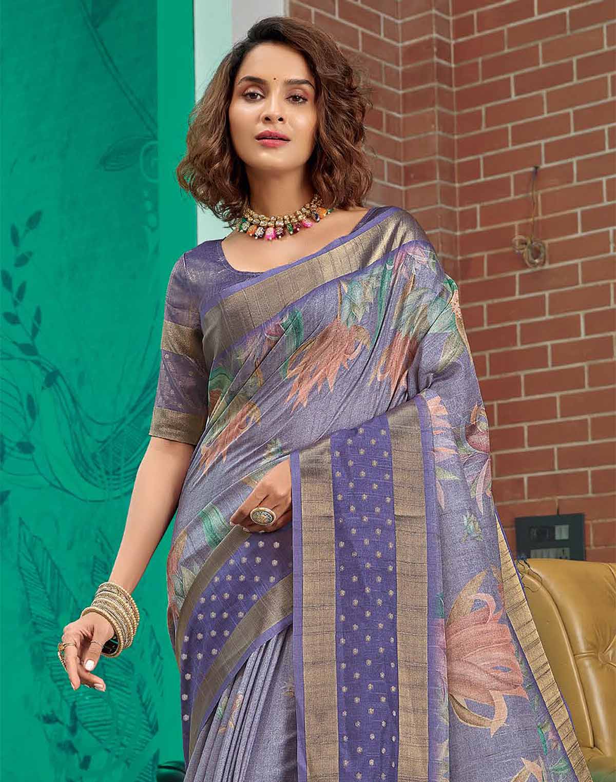 Collection of Jute Silk Saree with Digital Print and Violet Colour in a gallery layout