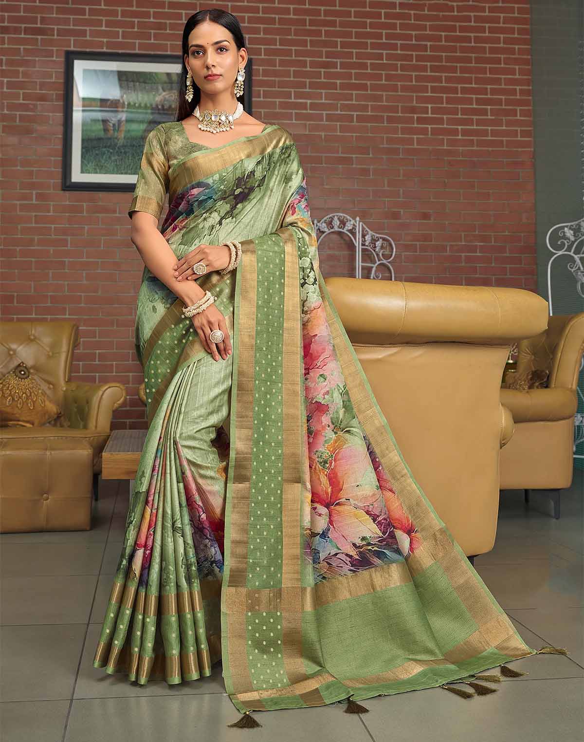 Jute Silk Floral Digital Print Mehendi Green Saree