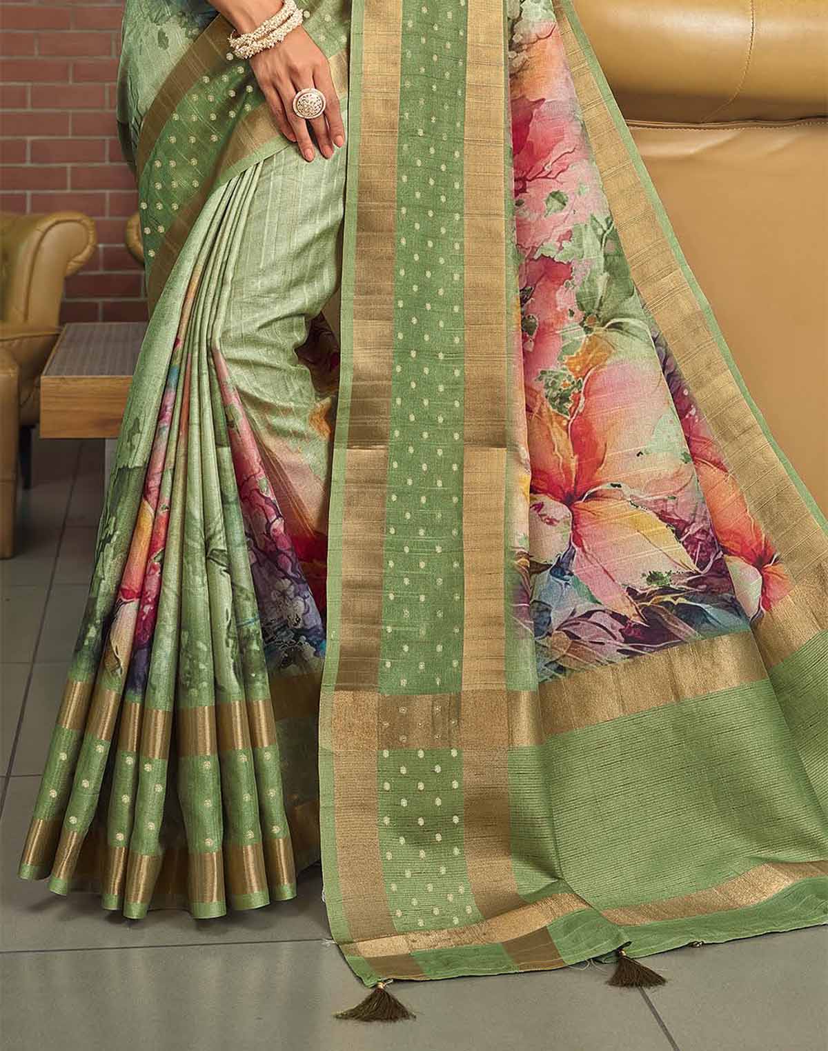 Collection of Jute Silk Floral Digital Print Mehendi Green Saree in a gallery layout