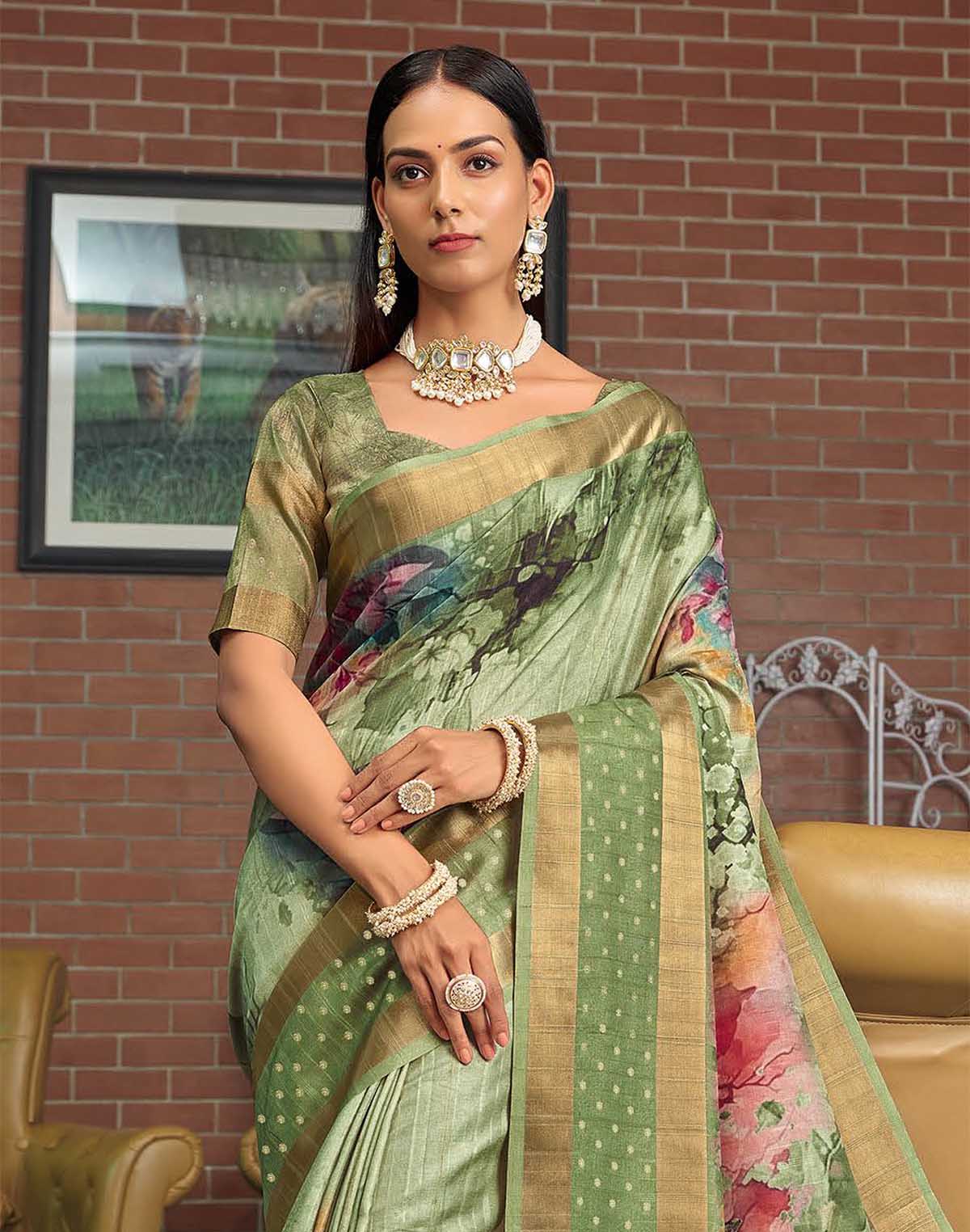 Collection of Jute Silk Floral Digital Print Mehendi Green Saree in a gallery layout