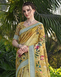 Collection of Floral Digital Print Linen Cotton Saree in a gallery layout