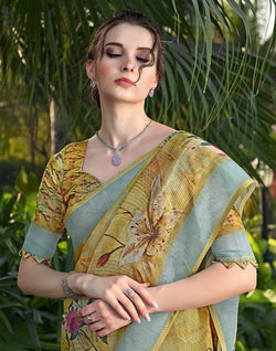 Collection of Floral Digital Print Linen Cotton Saree in a gallery layout