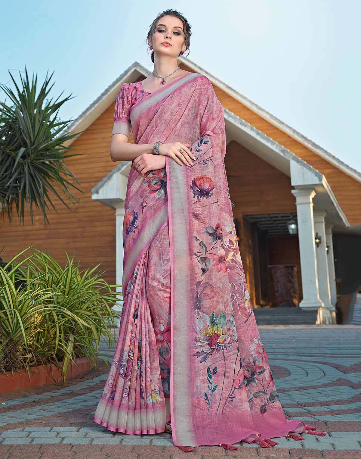 Collection of Peachmode Floral Digital Printed Linen Saree in a gallery layout