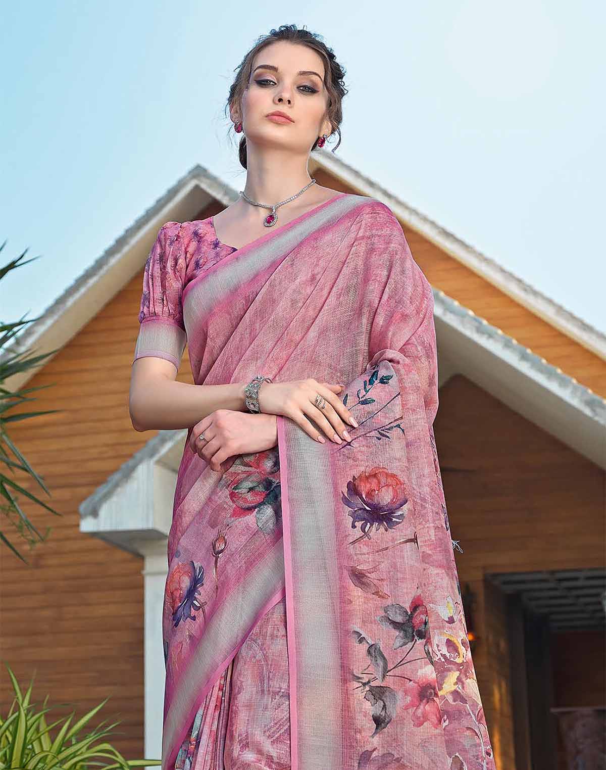 Collection of Peachmode Floral Digital Printed Linen Saree in a gallery layout