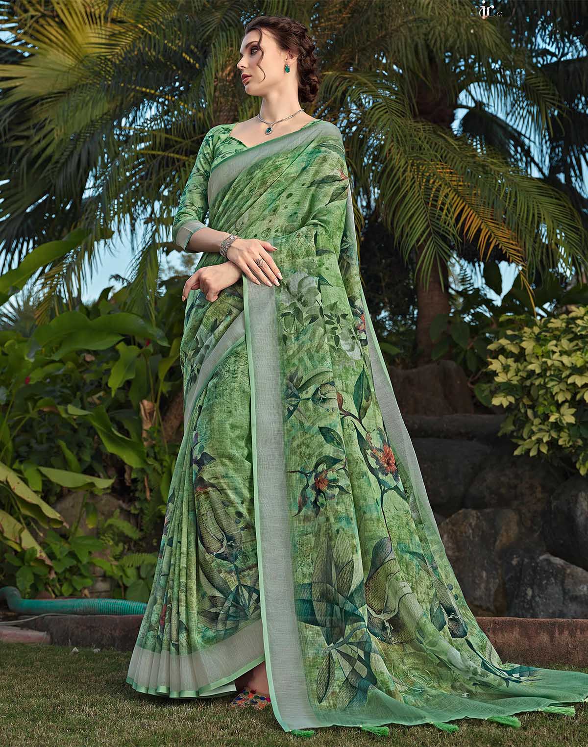 Digital Print Cotton Linen Saree with Floral Blouse Piece