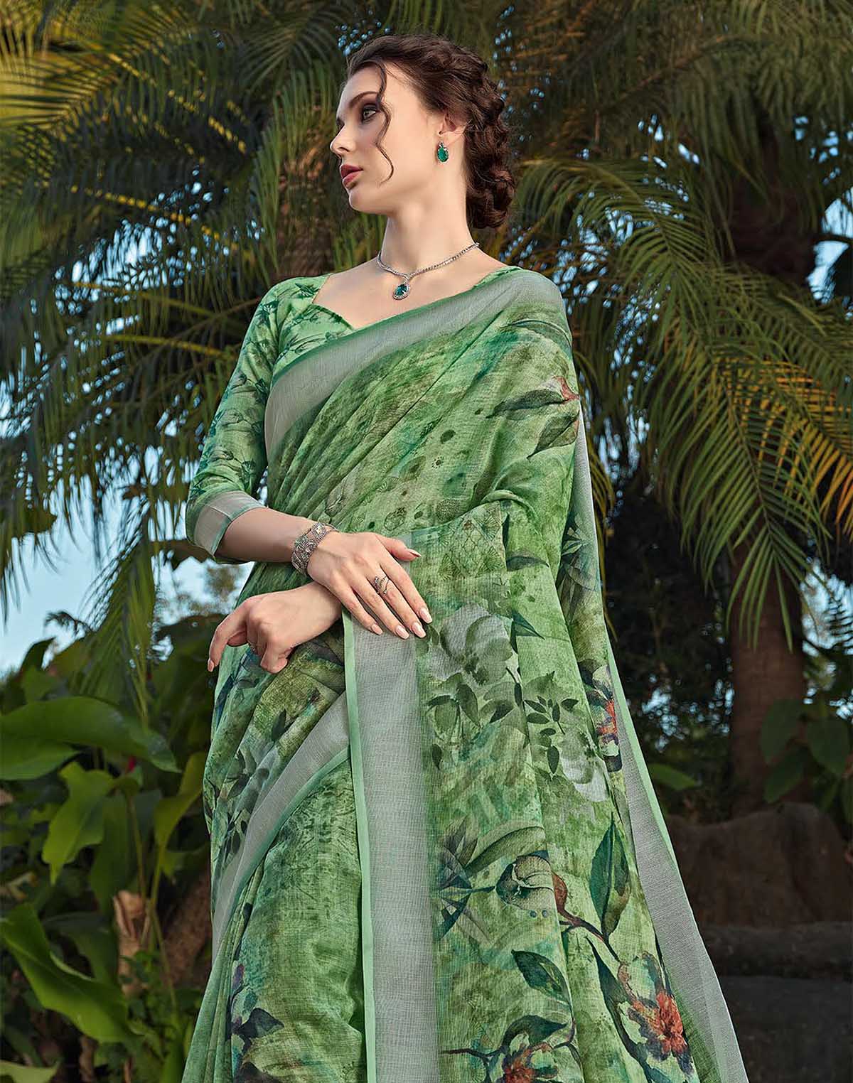 Collection of Digital Print Cotton Linen Saree with Floral Blouse Piece in a gallery layout