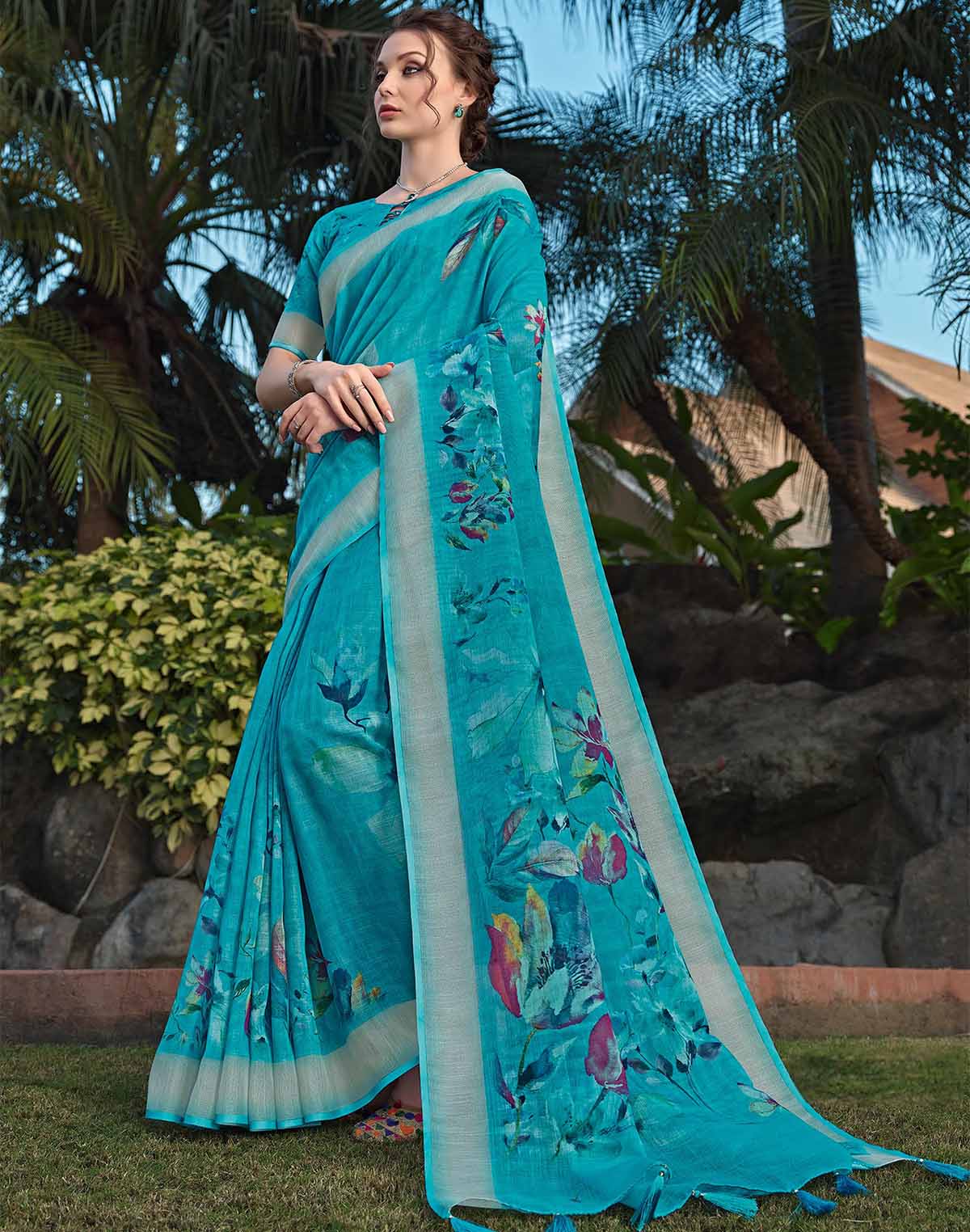 Collection of Graceful Green Linen Designer Saree in a gallery layout