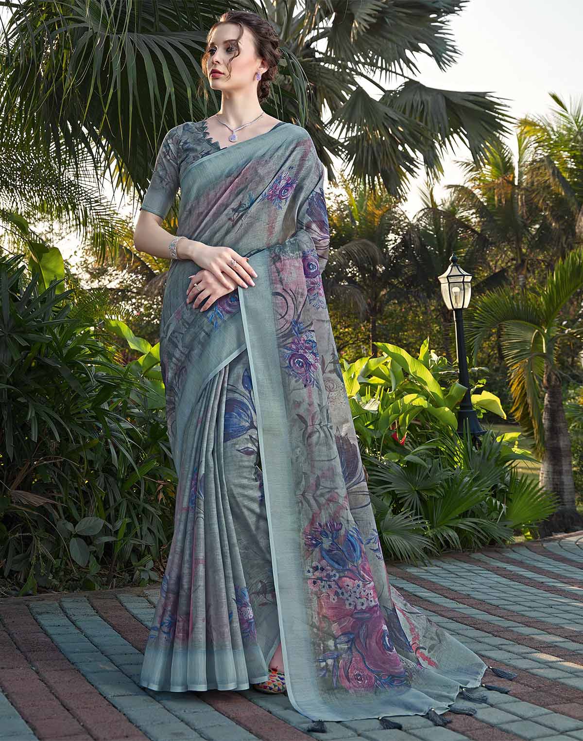 Sky Blue Color Linen Cotton Floral Saree