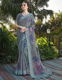 Collection of Sky Blue Color Linen Cotton Floral Saree in a gallery layout