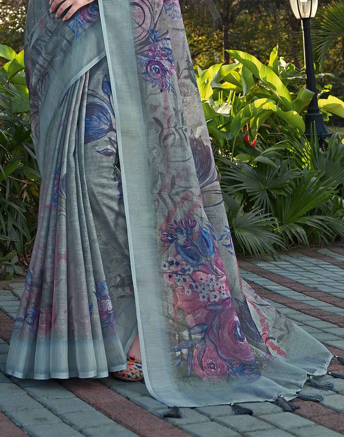 Sky Blue Color Linen Cotton Floral Saree