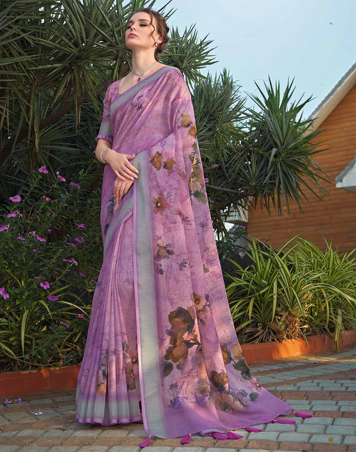 Mesmerizing Light Pink Floral Linen Cotton Saree