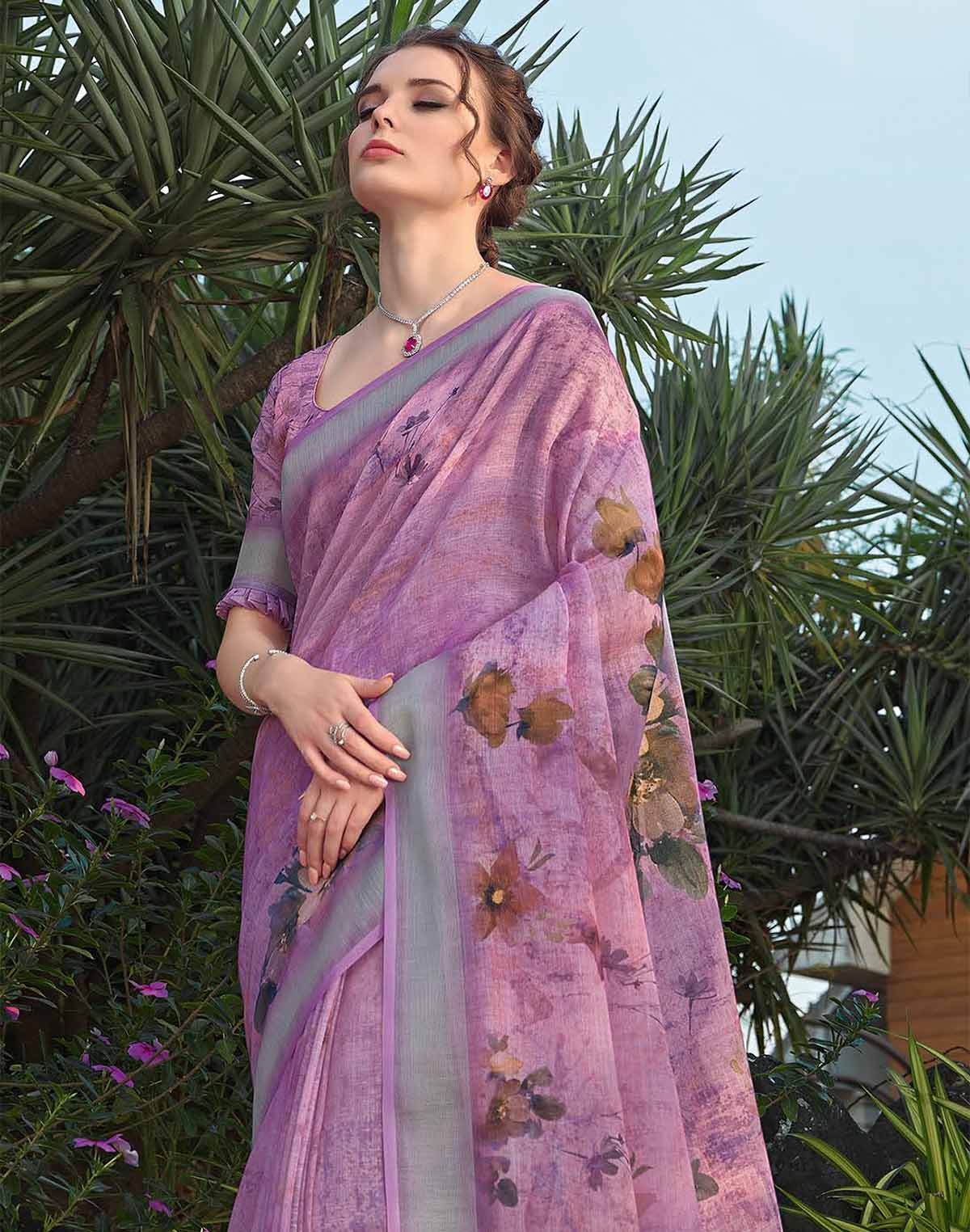 Collection of Mesmerizing Light Pink Floral Linen Cotton Saree in a gallery layout