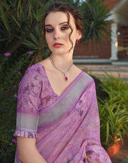 Collection of Mesmerizing Light Pink Floral Linen Cotton Saree in a gallery layout