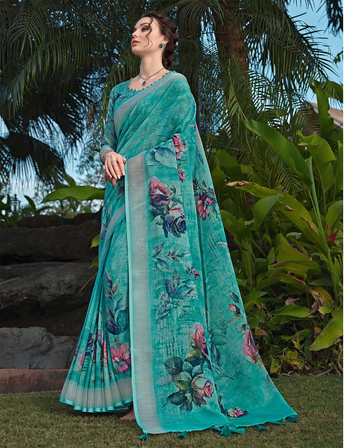 Floral Print Cotton Linen Designer Saree