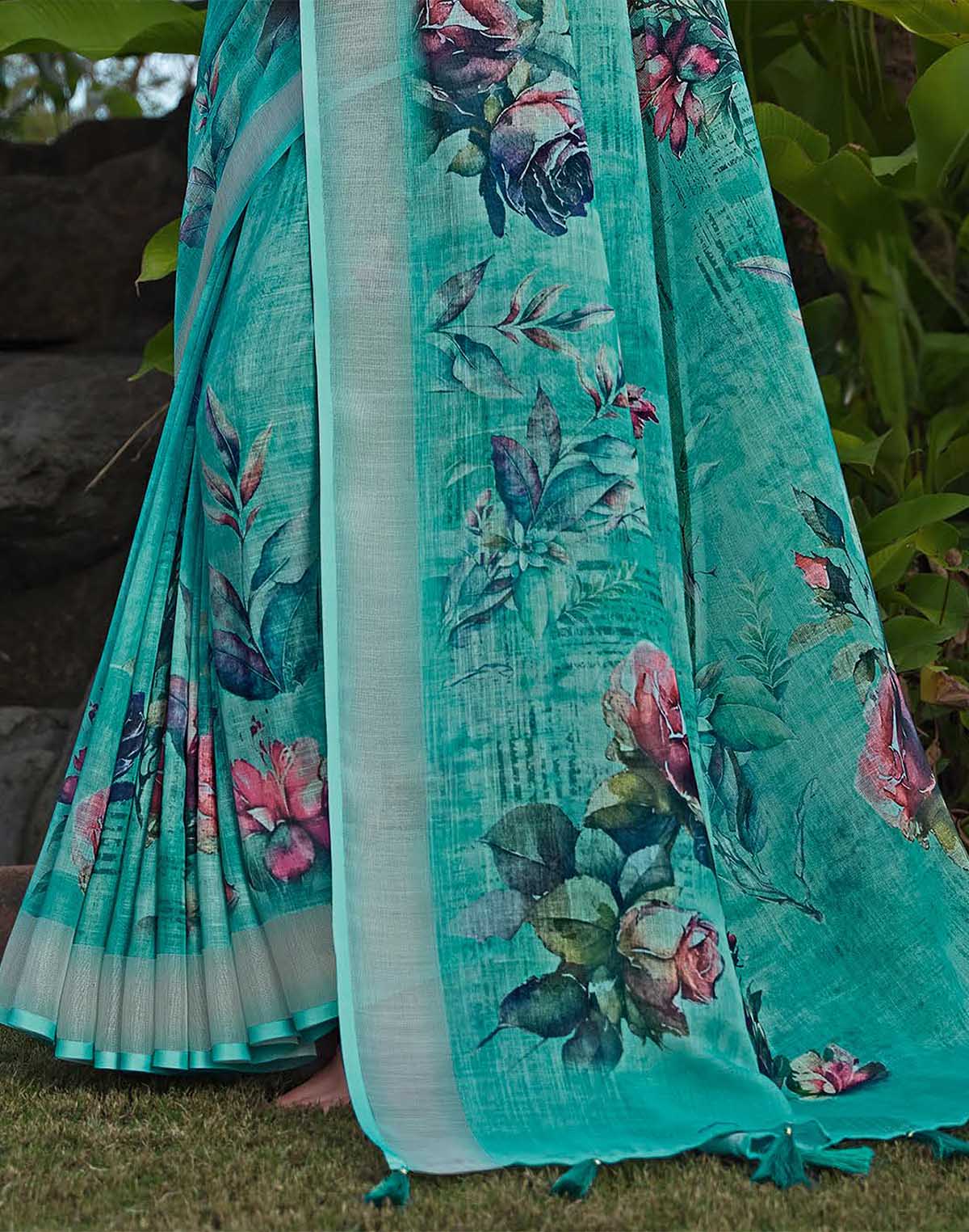 Collection of Floral Print Cotton Linen Designer Saree in a gallery layout