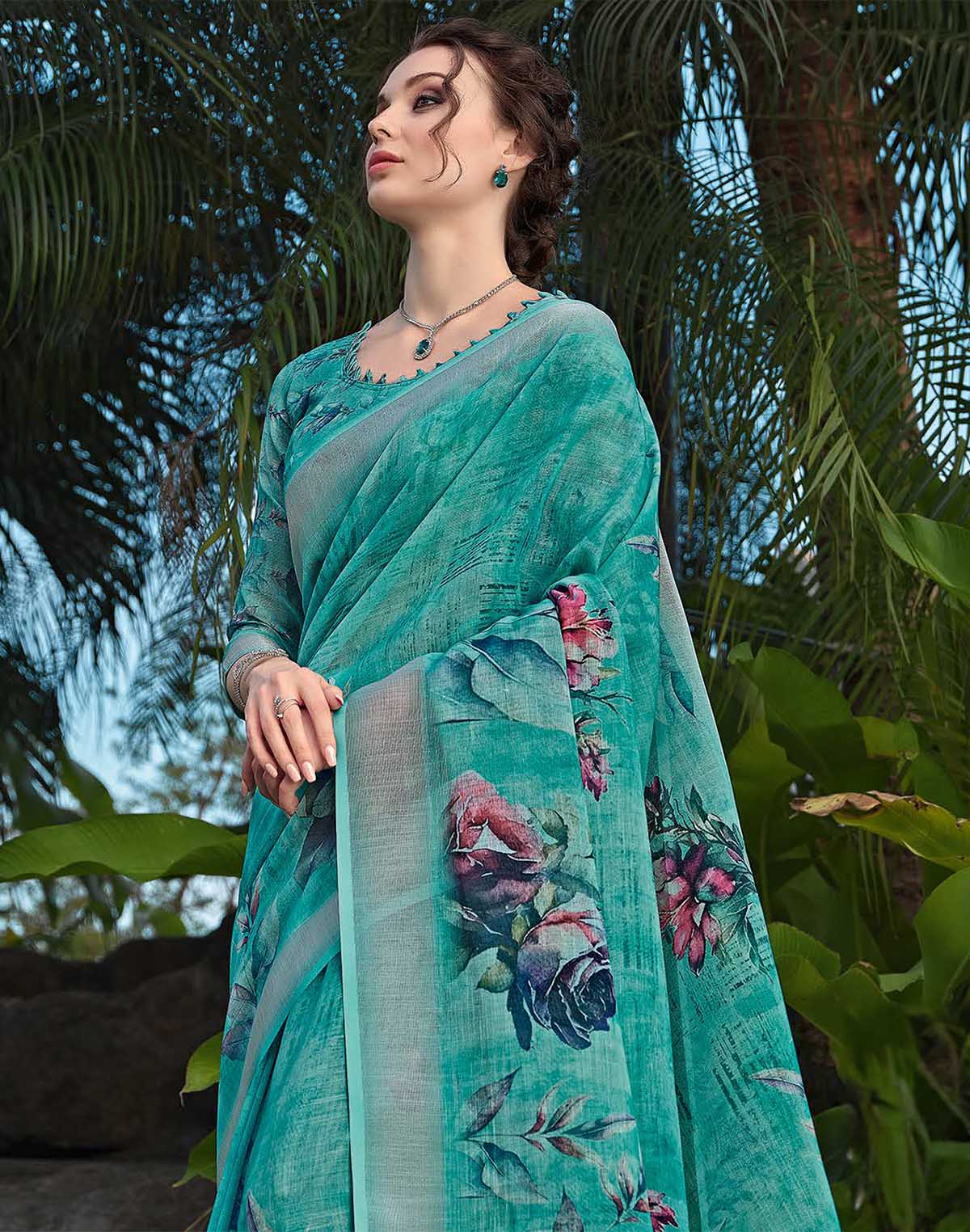 Floral Print Cotton Linen Designer Saree