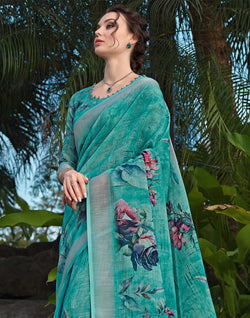 Collection of Floral Print Cotton Linen Designer Saree in a gallery layout