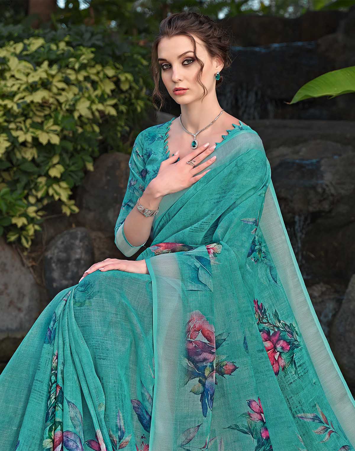 Collection of Floral Print Cotton Linen Designer Saree in a gallery layout