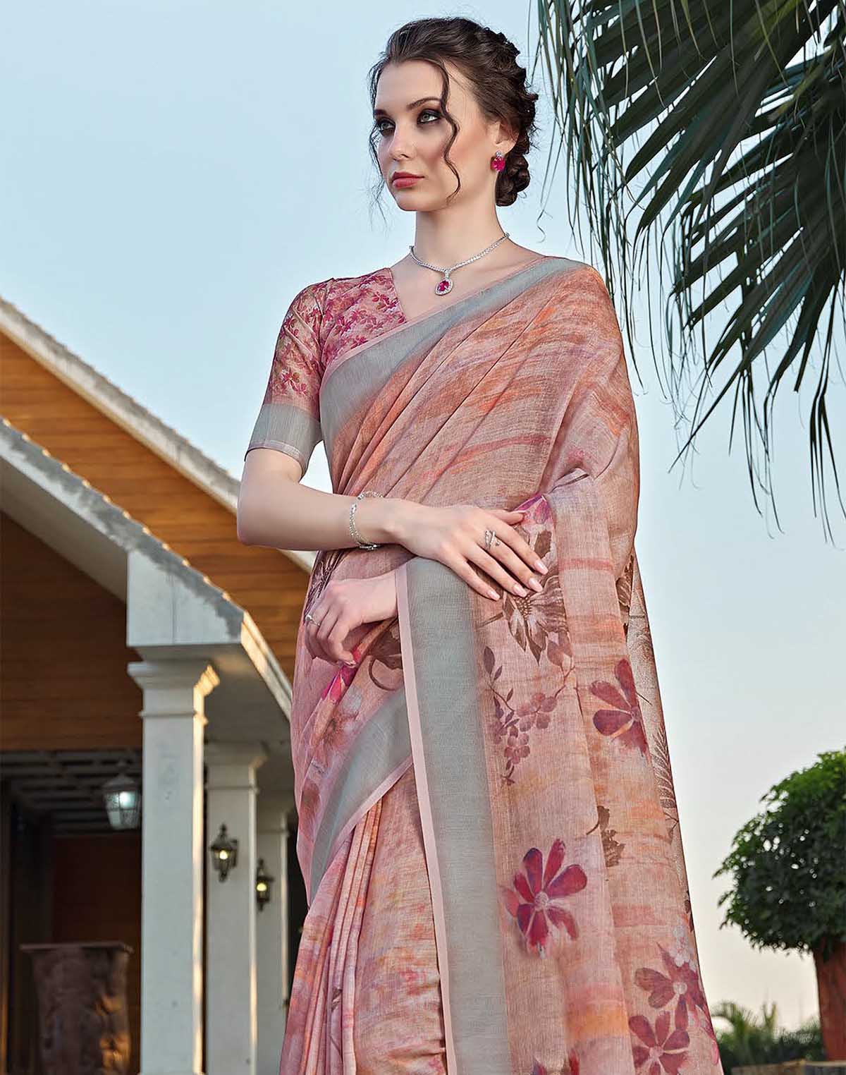 Designer Orange Floral Linen Cotton Saree