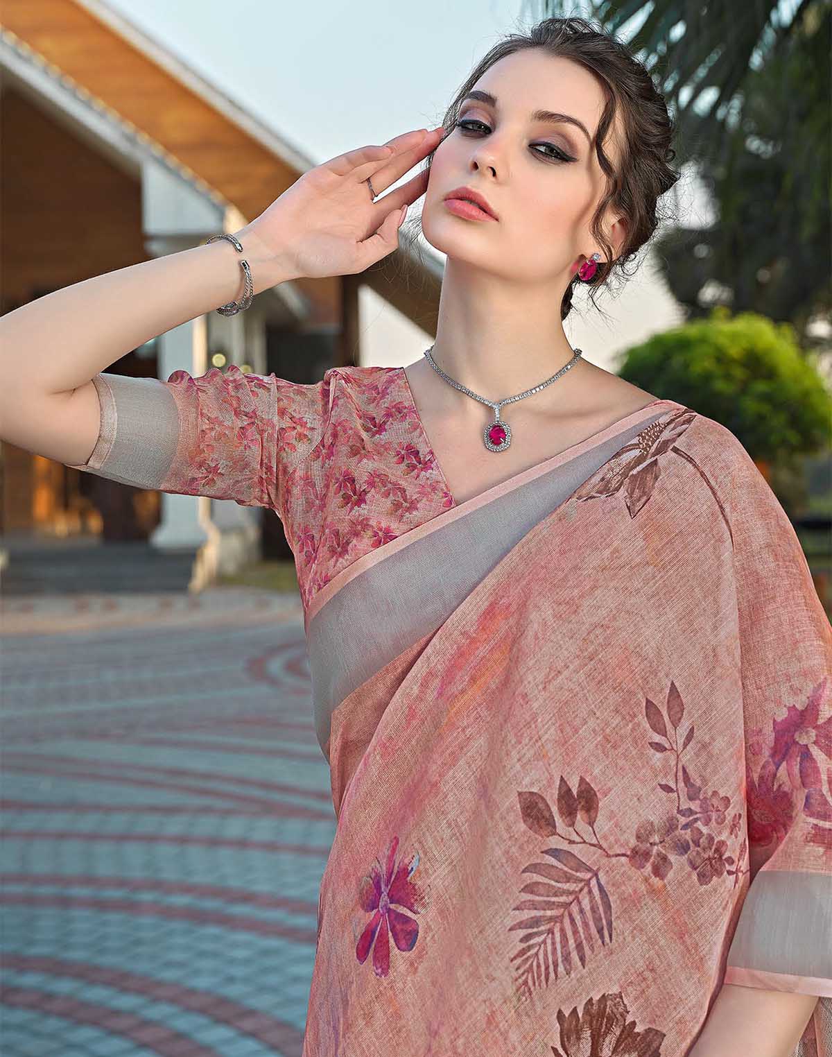 Collection of Designer Orange Floral Linen Cotton Saree in a gallery layout