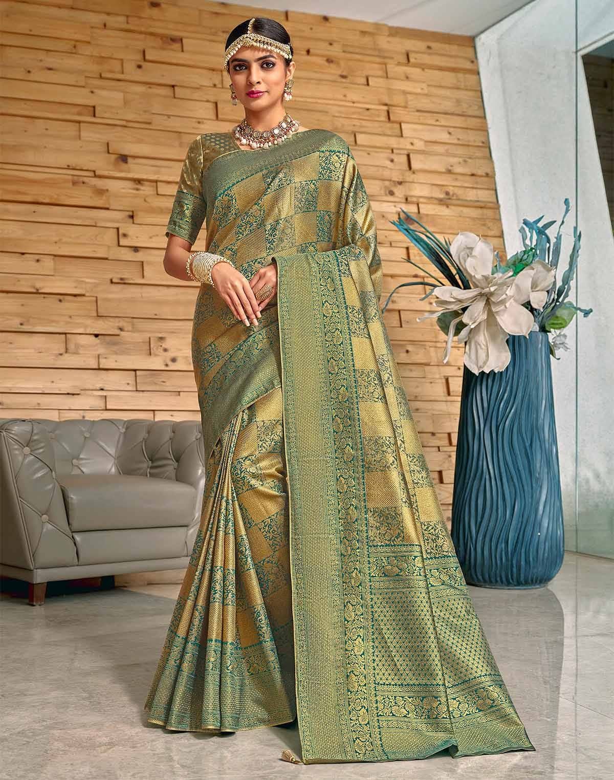 Collection of Light Green Meena work Padiya Banaras Tissue Saree in a gallery layout