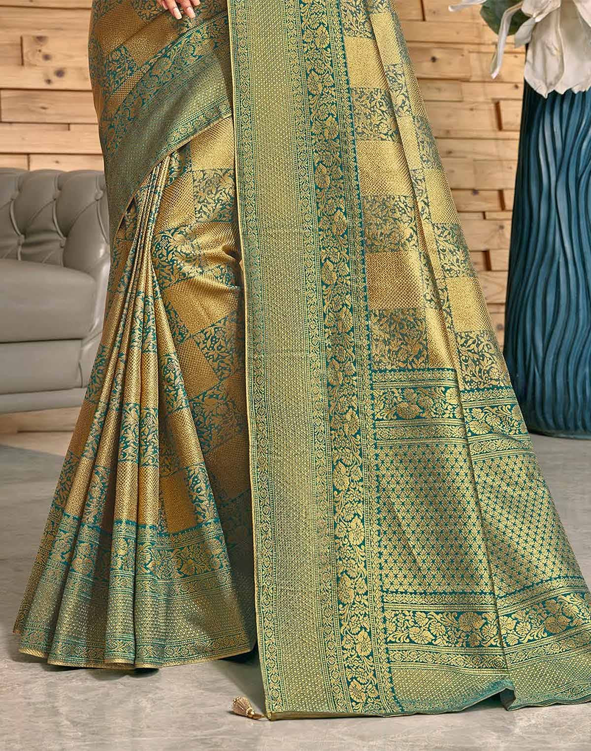 Collection of Light Green Meena work Padiya Banaras Tissue Saree in a gallery layout