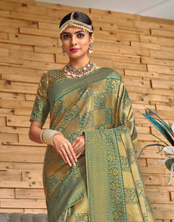 Collection of Light Green Meena work Padiya Banaras Tissue Saree in a gallery layout